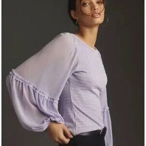 by Anthropologie Balloon Sleeve Smocked Top Lavender Womens Size Petite Medium